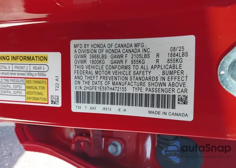 2026 Honda Civic Si Sedan from USA, damaged, VIN 2HGFE1E59TH472155